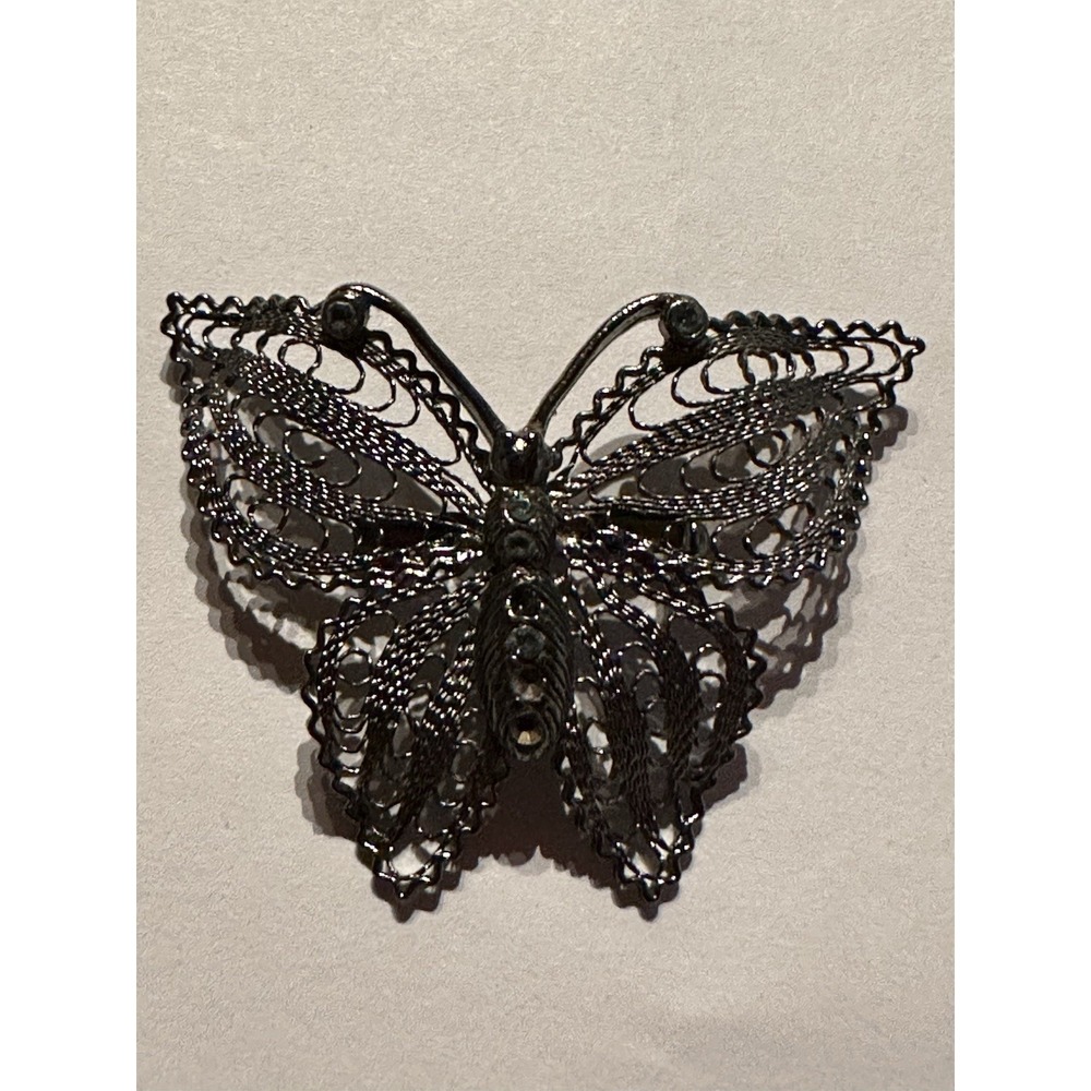 Black Filigree Butterfly Brooch Pin Metal Green Stones VTG Goth Feminine Elegant